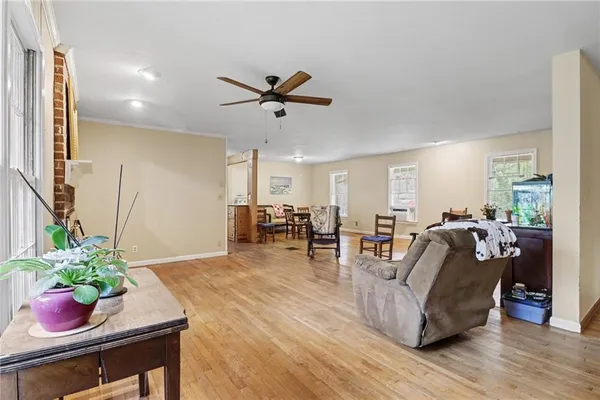 a living room with furniture and potted plant