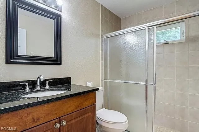 a bathroom with a sink a mirror a toilet and shower