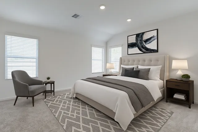 a bedroom with a bed and a couch