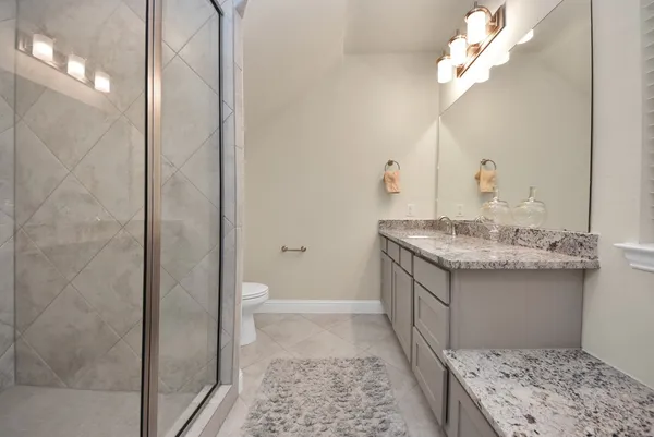 a bathroom with a granite countertop sink a toilet and a mirror