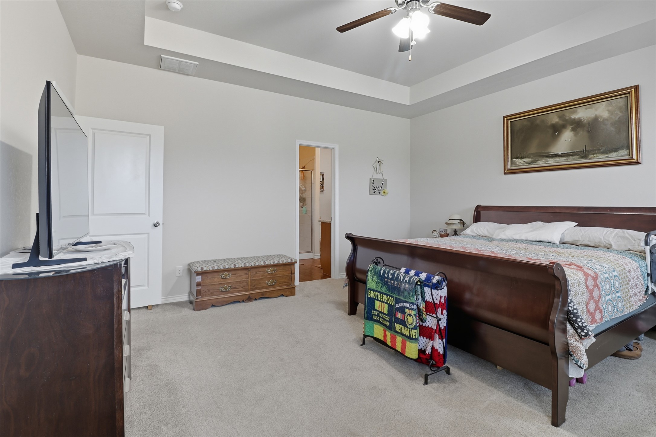 113 Rio Vista Road Burnet, TX 78611 - Photo 11 of 28 Bedroom with a tray ceiling, light carpet, and ceiling fan