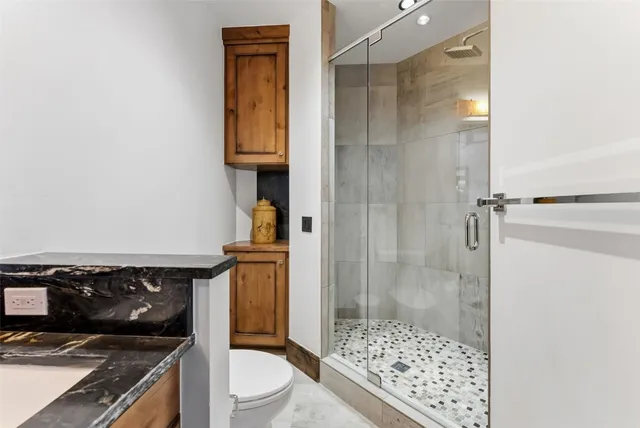 a bathroom with a toilet and a shower