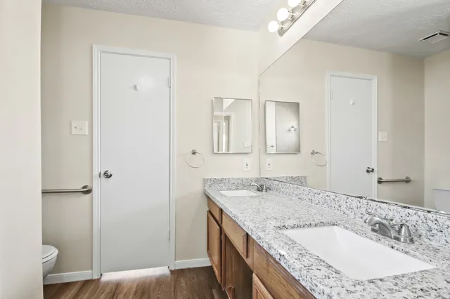 a bathroom with a granite countertop sink and a mirror