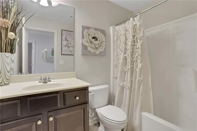 a bathroom with a sink a toilet and shower curtain