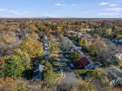 an aerial view of residential houses with outdoor space and trees