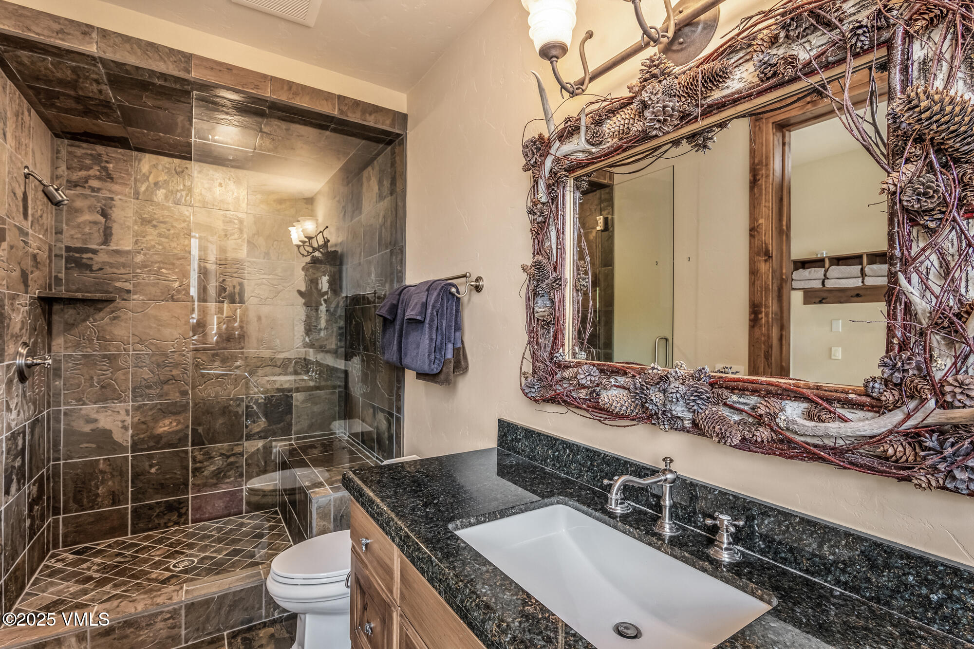 135 Andorra Road Edwards, CO 81632 - Photo 48 of 82 a bathroom with a granite countertop sink a toilet a mirror and shower