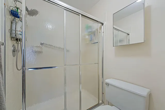 a bathroom with a shower and toilet