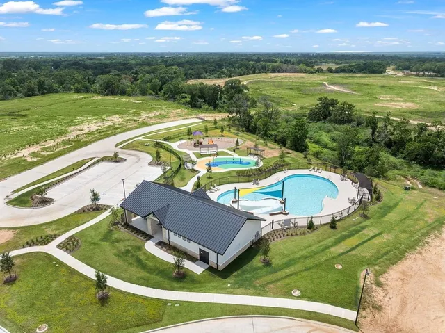 a view of a swimming pool with a garden