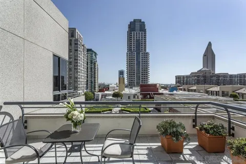 a view of a city with tall buildings