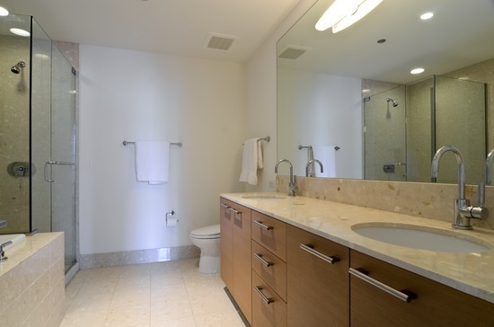 340 East Randolph Street, Unit 2402 Chicago, IL 60601 - Photo 8 of 26 a spacious bathroom with a granite countertop sink a toilet a shower and a mirror