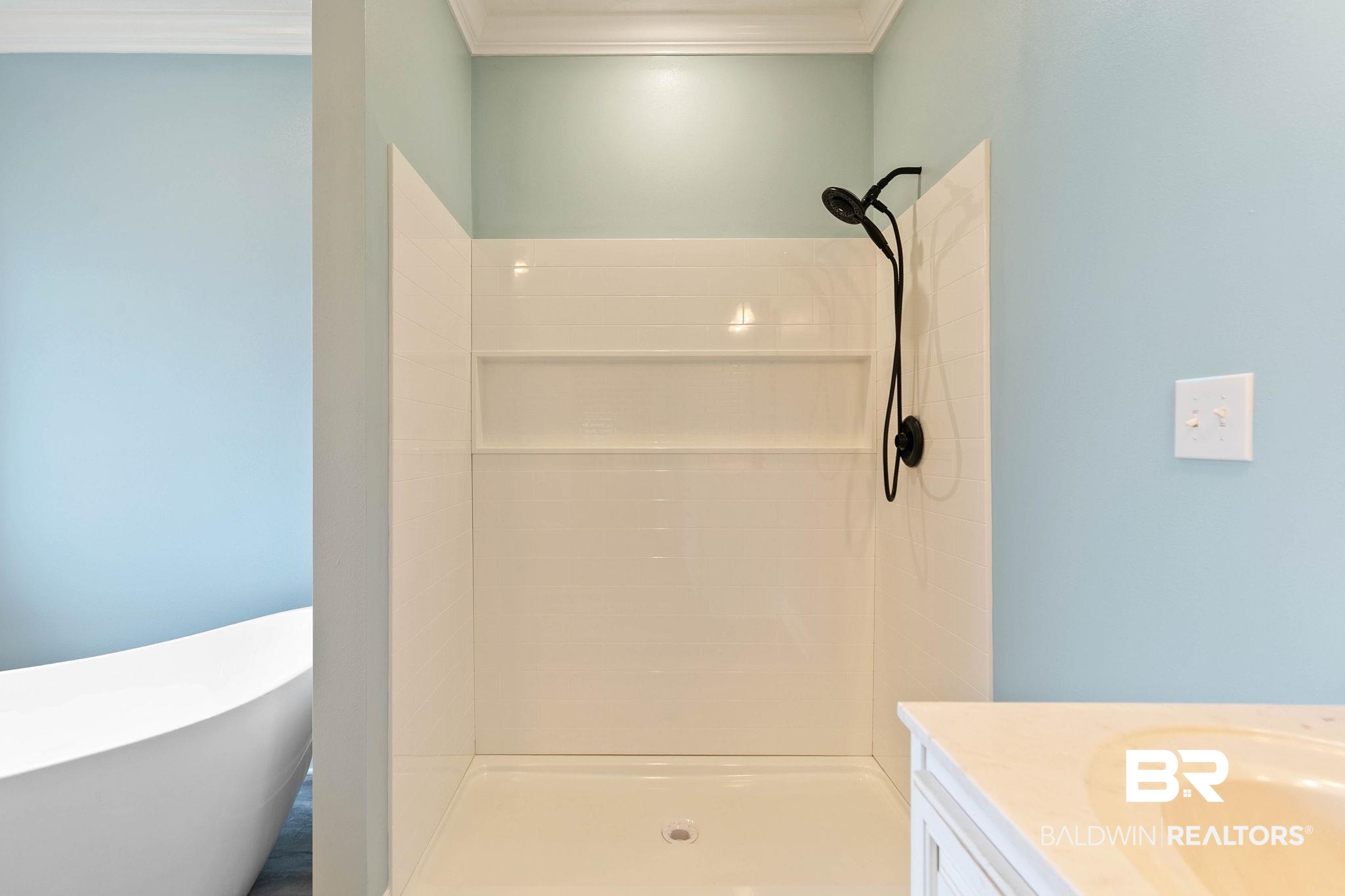 3668 Claridge Road North Mobile, AL 36608 - Photo 55 of 100 Full bath featuring vanity, a freestanding bath, crown molding, and a stall shower