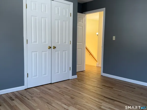 a view of wooden floor and closet in a room