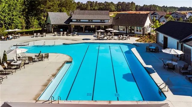 a view of a swimming pool with a mountain