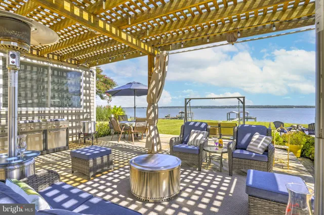 a view of a swimming pool and an outdoor seating