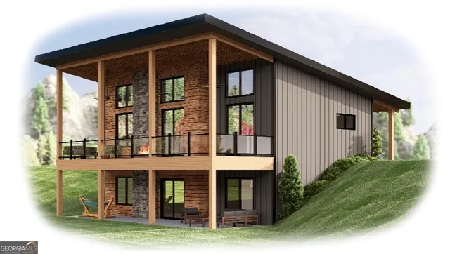 a view of a house with many windows and plants