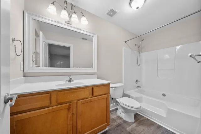 a bathroom with a sink toilet vanity and shower