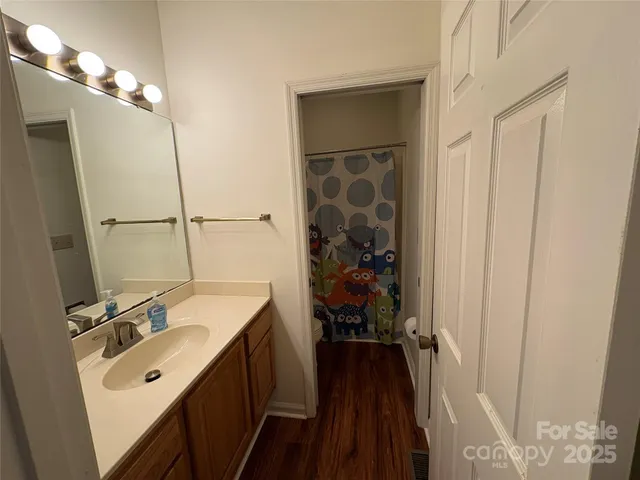 a bathroom with a sink vanity and a mirror