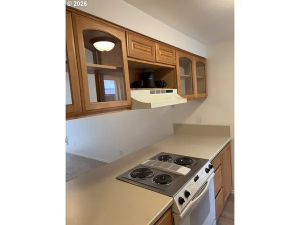 a living room with a sink and a stove with wooden floor