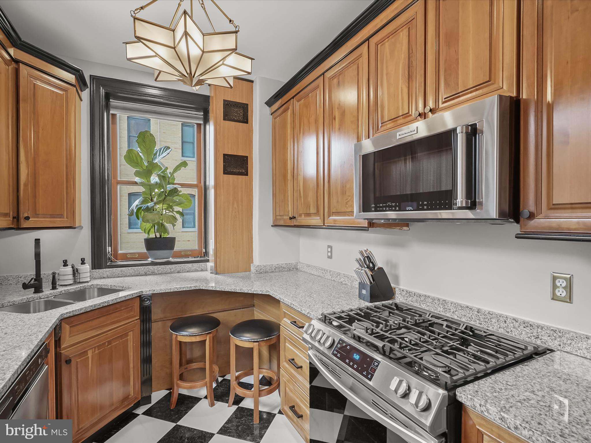 2220 20th Street Northwest, Unit 46 Washington, DC 20009 - Photo 8 of 27 a kitchen with stainless steel appliances a stove sink microwave and cabinets