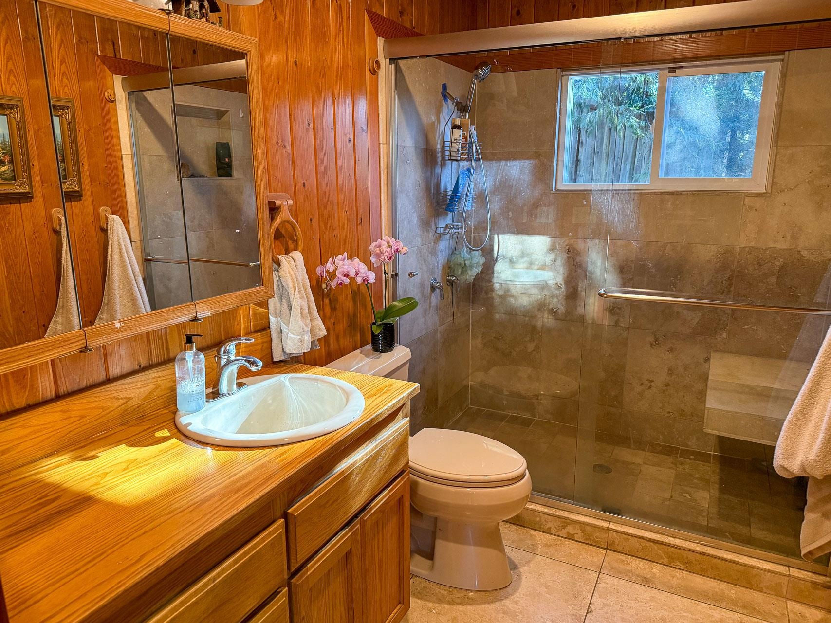 21819 Confidence Road Twain Harte, CA 95383 - Photo 11 of 15 a bathroom with a sink a toilet and shower