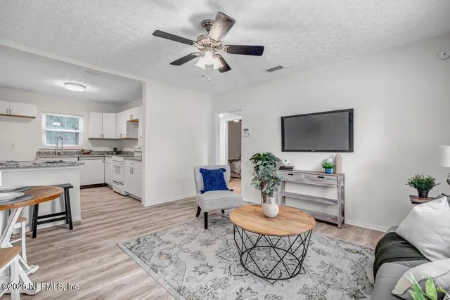 a living room with furniture and a potted plant