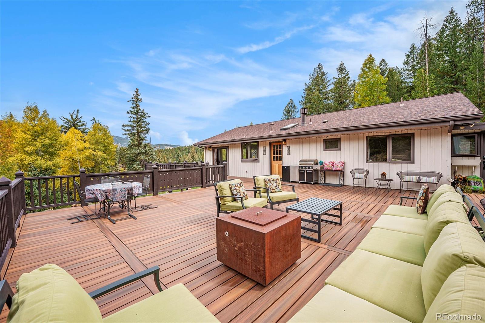 1774 Upper Bear Creek Road Evergreen, CO 80439 - Photo 35 of 43 a view of a patio with couches table and chairs with wooden floor