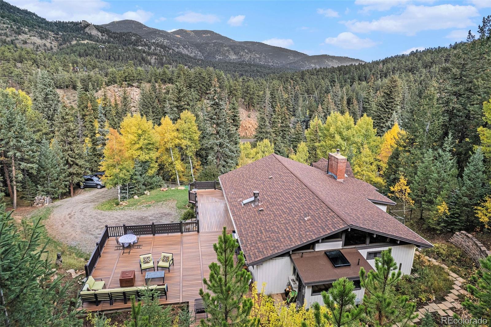 1774 Upper Bear Creek Road Evergreen, CO 80439 - Photo 43 of 43 an aerial view of a house with a garden