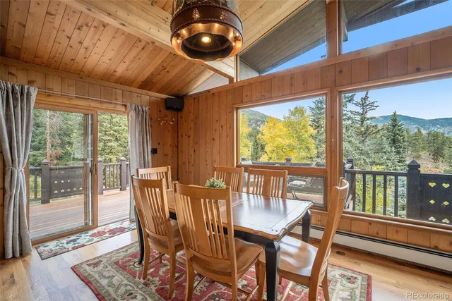a view of a dining room with furniture wooden floor and chandelier