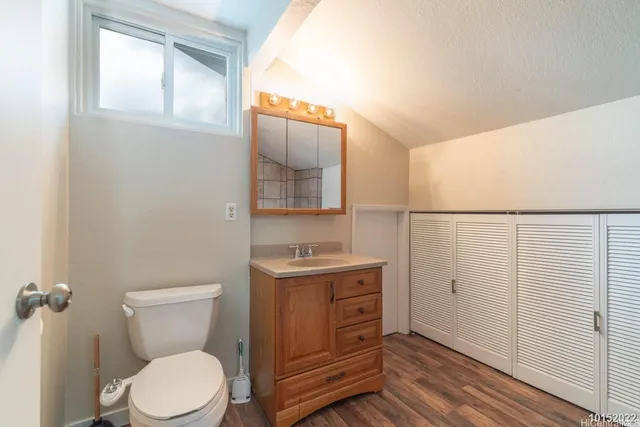a bathroom with a toilet a sink and mirror