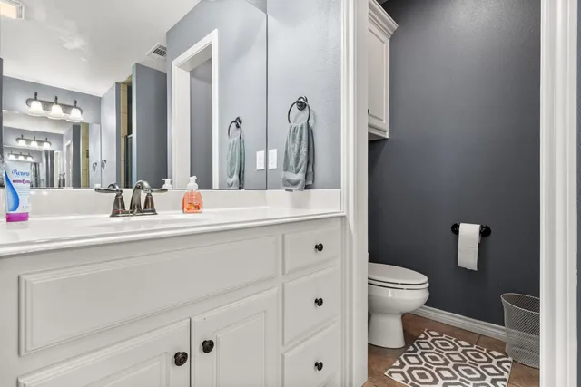 a bathroom with a sink a toilet and a mirror