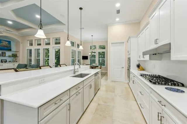 a kitchen with stainless steel appliances granite countertop a stove a sink and a white cabinets