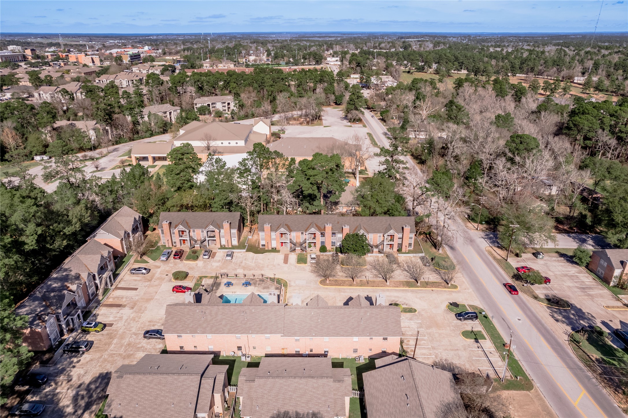 2402 Sycamore Avenue, Unit E2 Huntsville, TX 77340 - Photo 36 of 43 an aerial view of a house with yard swimming pool and mountain view in back