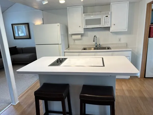 a kitchen with a sink cabinets and refrigerator