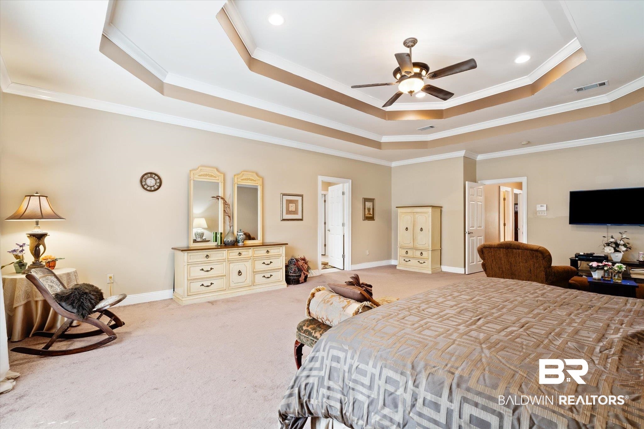 2400 Waterford Road Semmes, AL 36575 - Photo 15 of 30 Bedroom featuring a raised ceiling, crown molding, light carpet, a ceiling fan, and recessed lighting