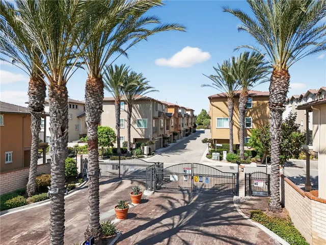 a row of palm trees and swimming pool in the backyard of a house