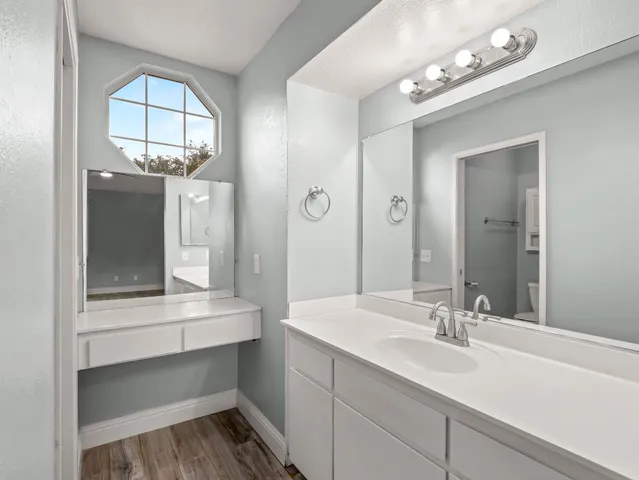 a bathroom with a sink vanity and a mirror