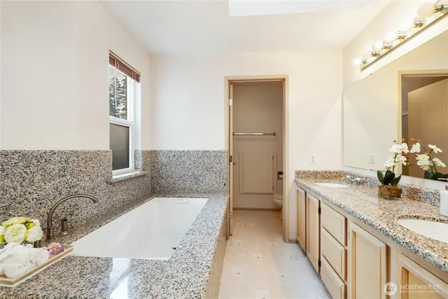 a bathroom with a granite countertop sink a toilet and shower