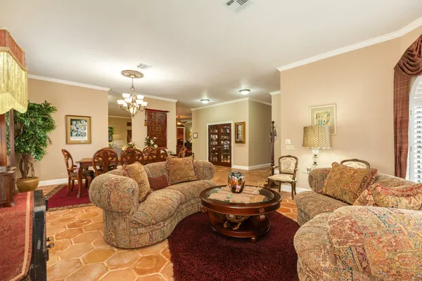 a living room with furniture potted plant and a chandelier