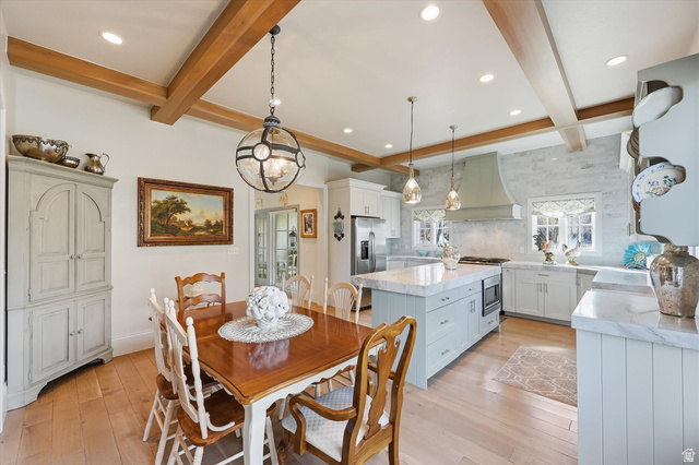 930 Price Farm Court Midway, UT 84049 - Photo 14 of 42 Dining area featuring beamed ceiling, quarter sawn white oak flooring, RH chandelier