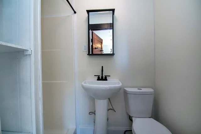 a bathroom with a toilet a sink and mirror