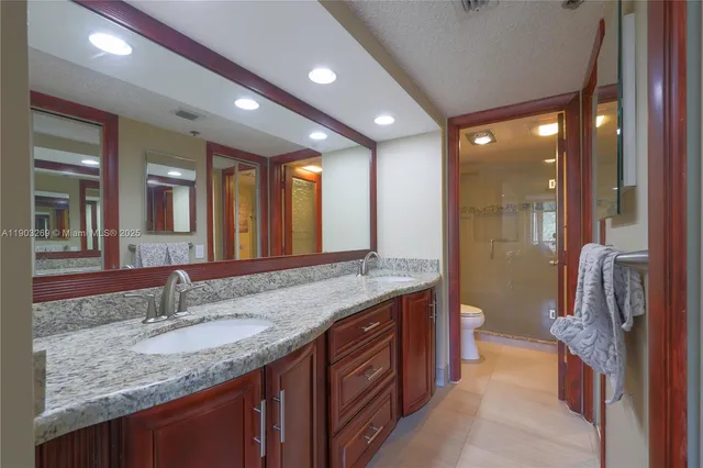 a bathroom with a granite countertop sink and a mirror