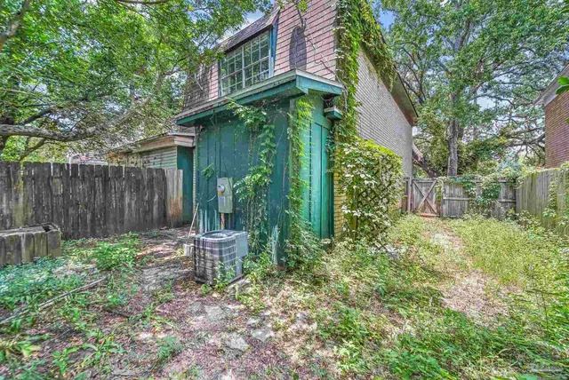a garden view with a seating space