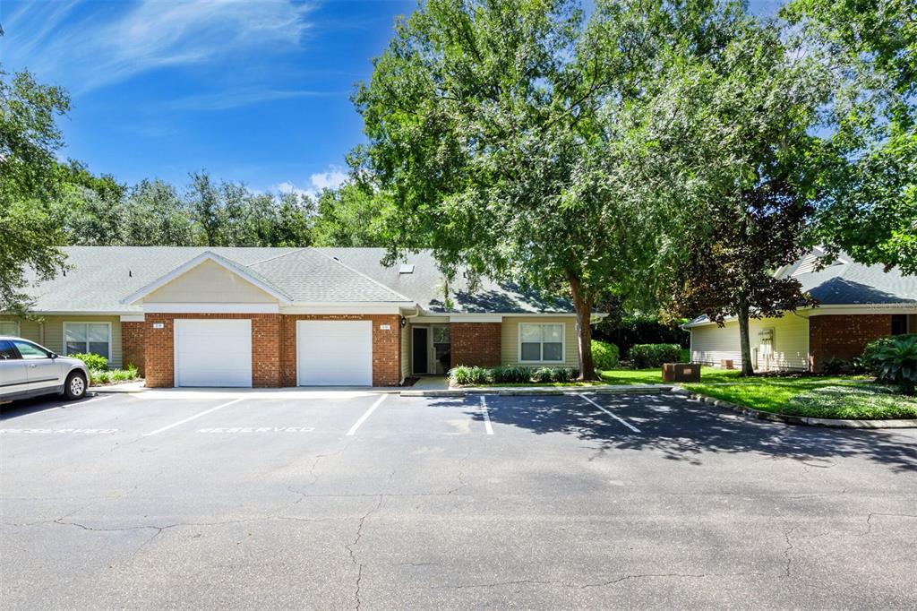 front view of a house with a patio