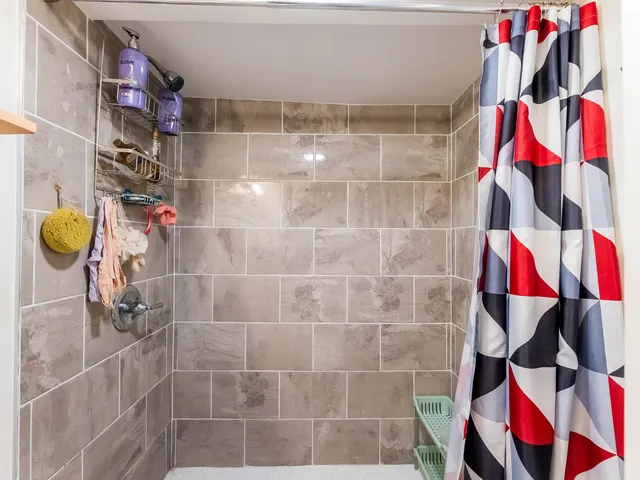 a bathroom with a bathtub and a shower