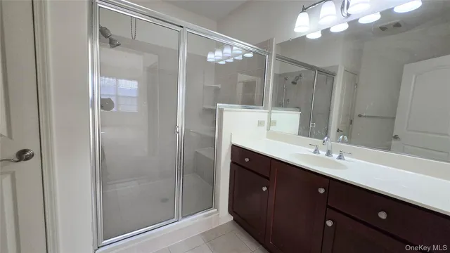 a bathroom with a double vanity sink mirror and shower