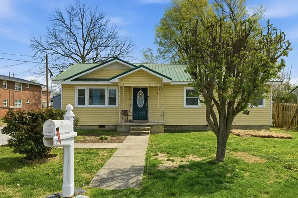 a front view of a house with yard and green space