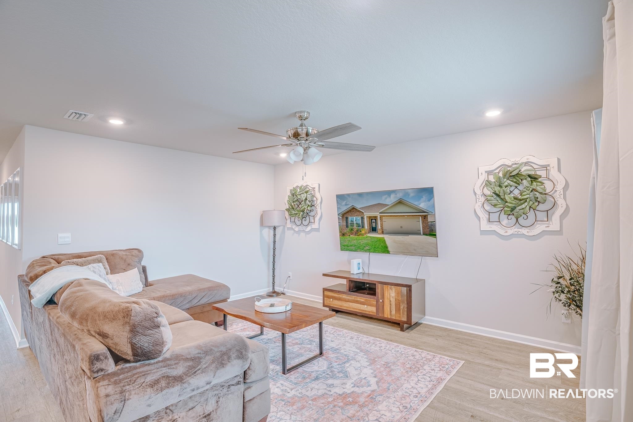 8242 Sycamore Way Semmes, AL 36575 - Photo 10 of 43 Living room featuring wood finished floors, ceiling fan, and recessed lighting