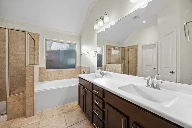a bathroom with a sink double vanity granite tub shower and a mirror