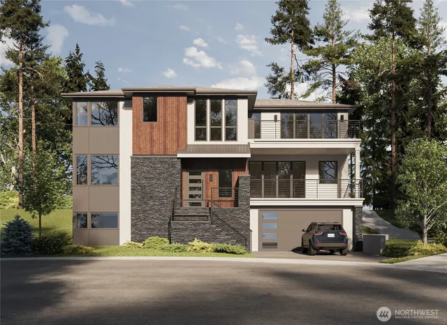 a front view of a building with a garden and plants