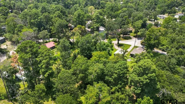 a backyard of a house with lots of green space and a forest